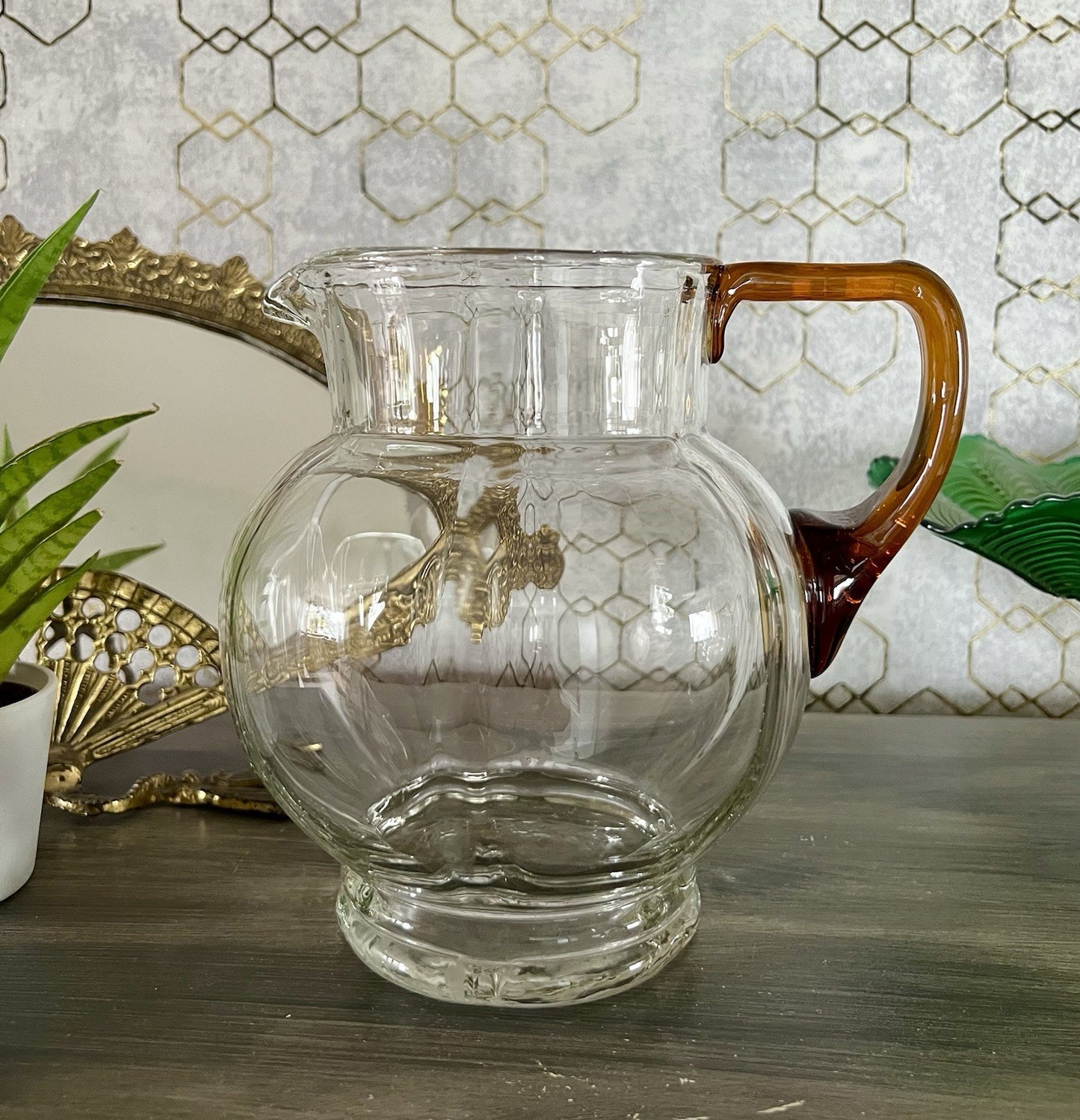 Antik Art Déco Kanne Krug Glaskrug Karaffe Glas mundgeblasen Farblos & gelb