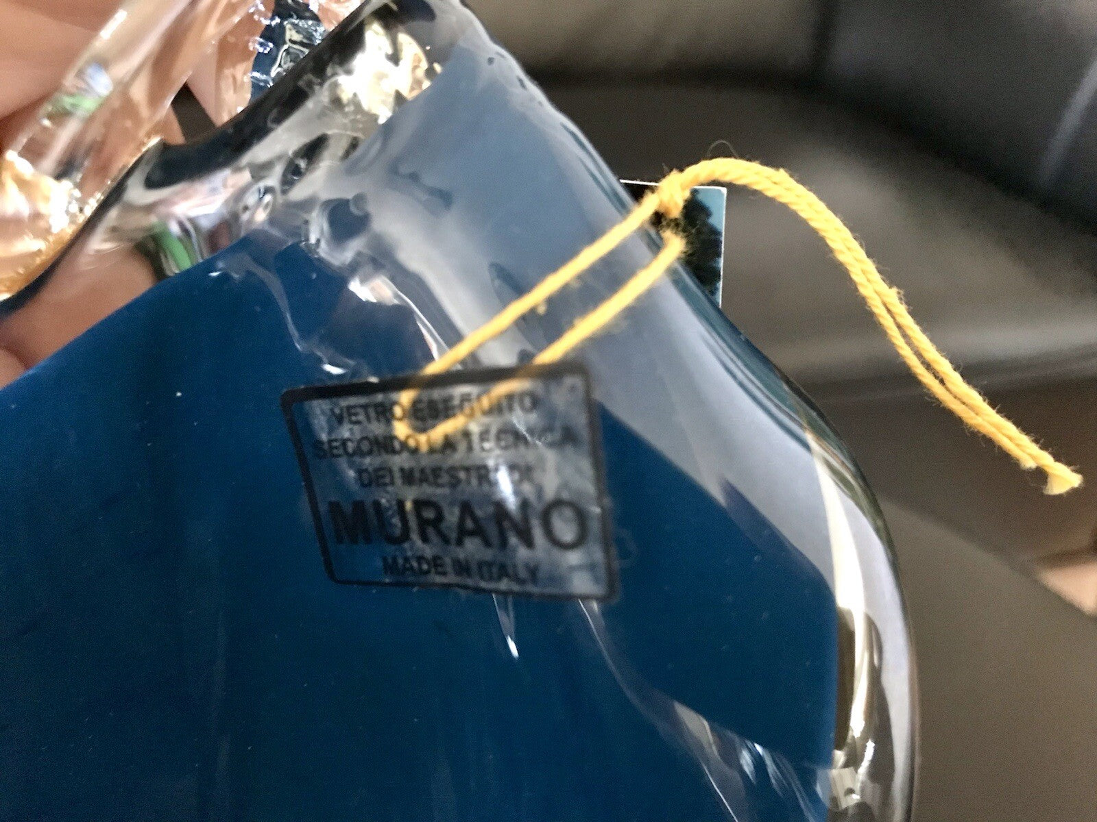 Vintage Murano Schale Vase Glas Petrol Blau metallic irisierend Edel Aufkleber
