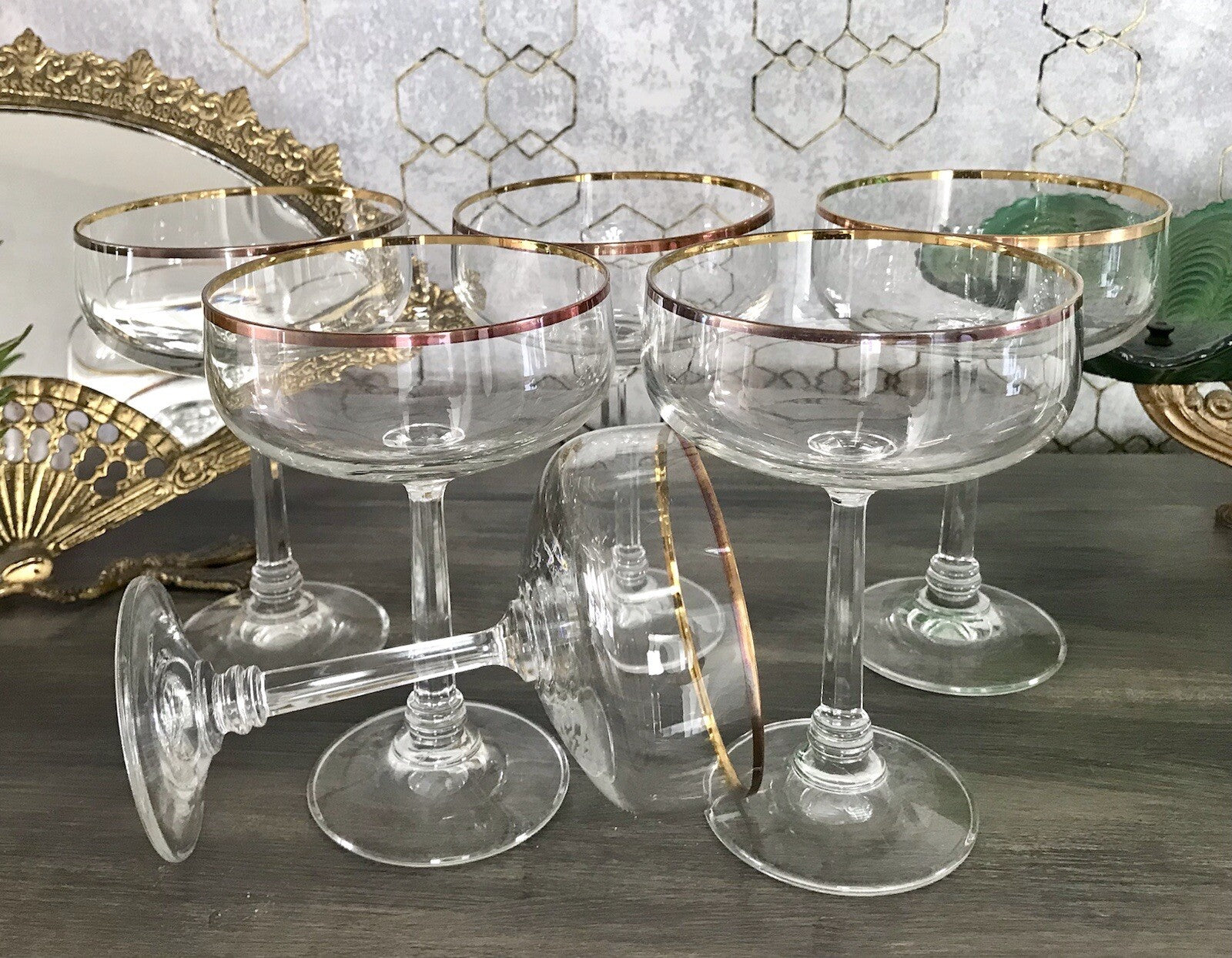 Antik? Art Déco 6 x Champagnerschalen Sekt Gläser Goldrand Lausitzer? Crystal