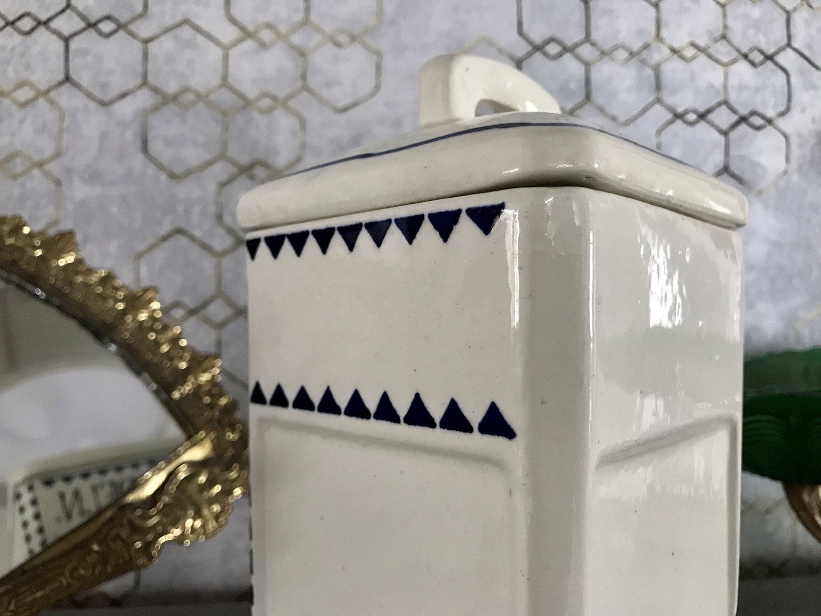 Antik Jugendstil Vorratsgefäß Nudeln Gefäß Vorratsdose weiß Porzellan creme blau