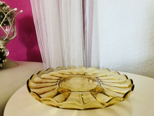 Antik Tortenplatte Kuchenplatte Glas gelb 4Füssig Art Déco Pressglas