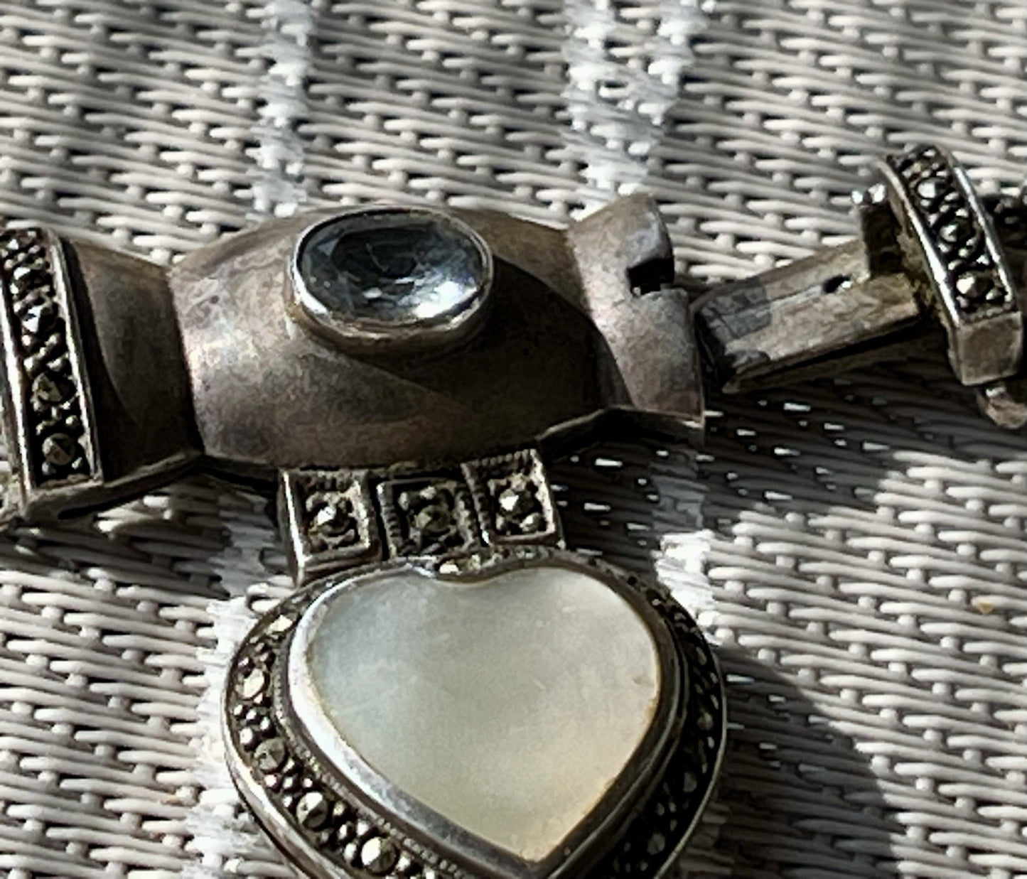 Antik  Jugendstil Silber Collier Perlen Halskette Herz Markasite blauer Stein