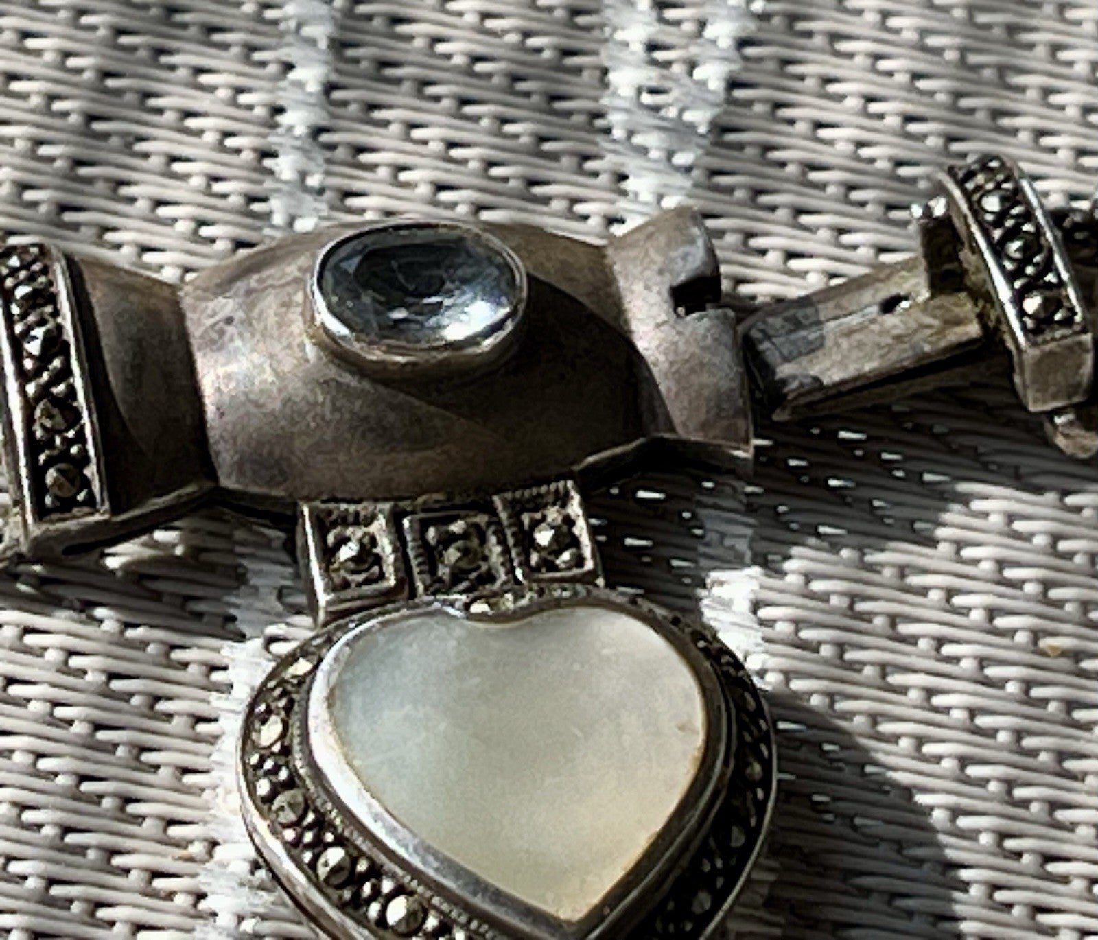 Antik  Jugendstil Silber Collier Perlen Halskette Herz Markasite blauer Stein