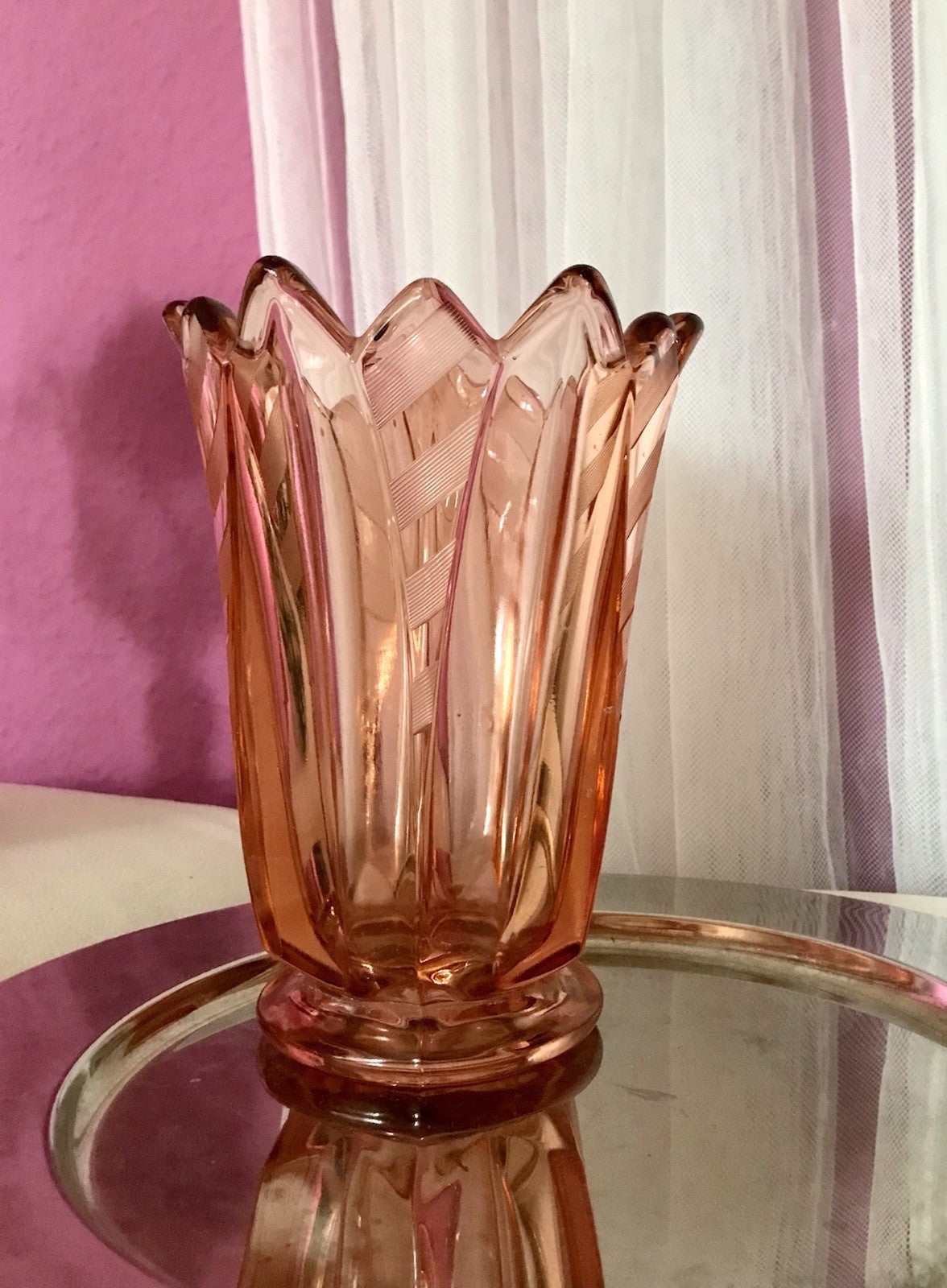 Antik Art Déco Vase Glasvase Pressglas Glas Rosalin rosa Blumenvase Schwepnitz