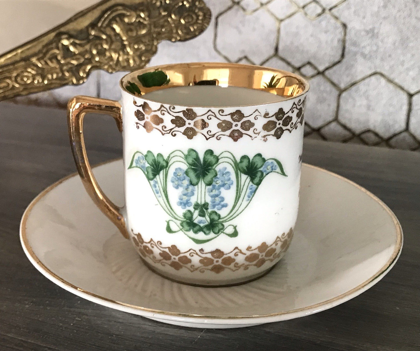 Antik Jugendstil Porzellan Andenken Gedeck Sammeltasse Tasse Geburtstag Spruch