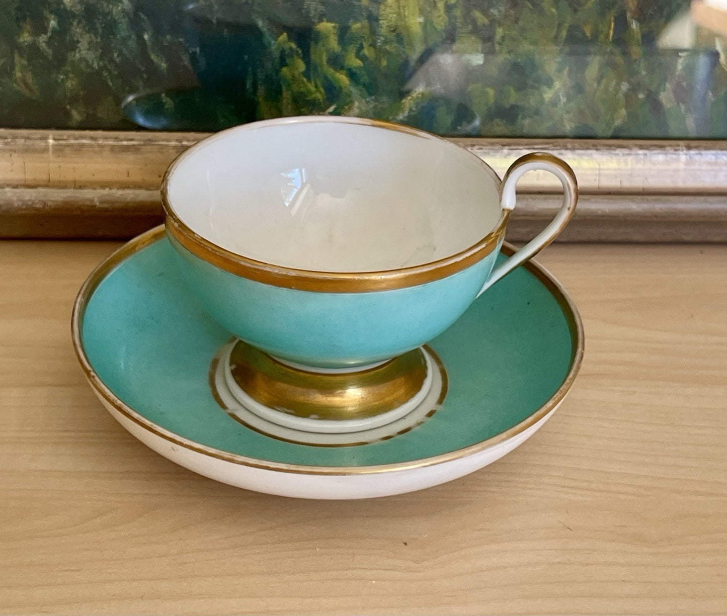 Antik Biedermeier Porzellan Kaffeegedeck Tasse Teetasse schön weiß türkis gold!