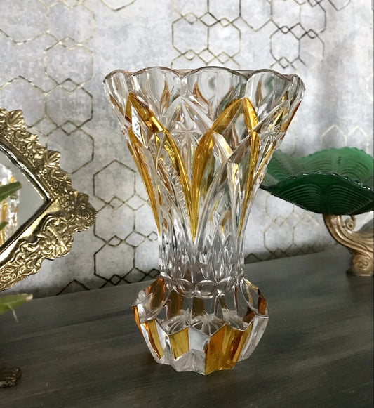 Antik alt Art Déco Stil Glasvase Bleikristall Vase Bernstein Gelbbeize Annahütte