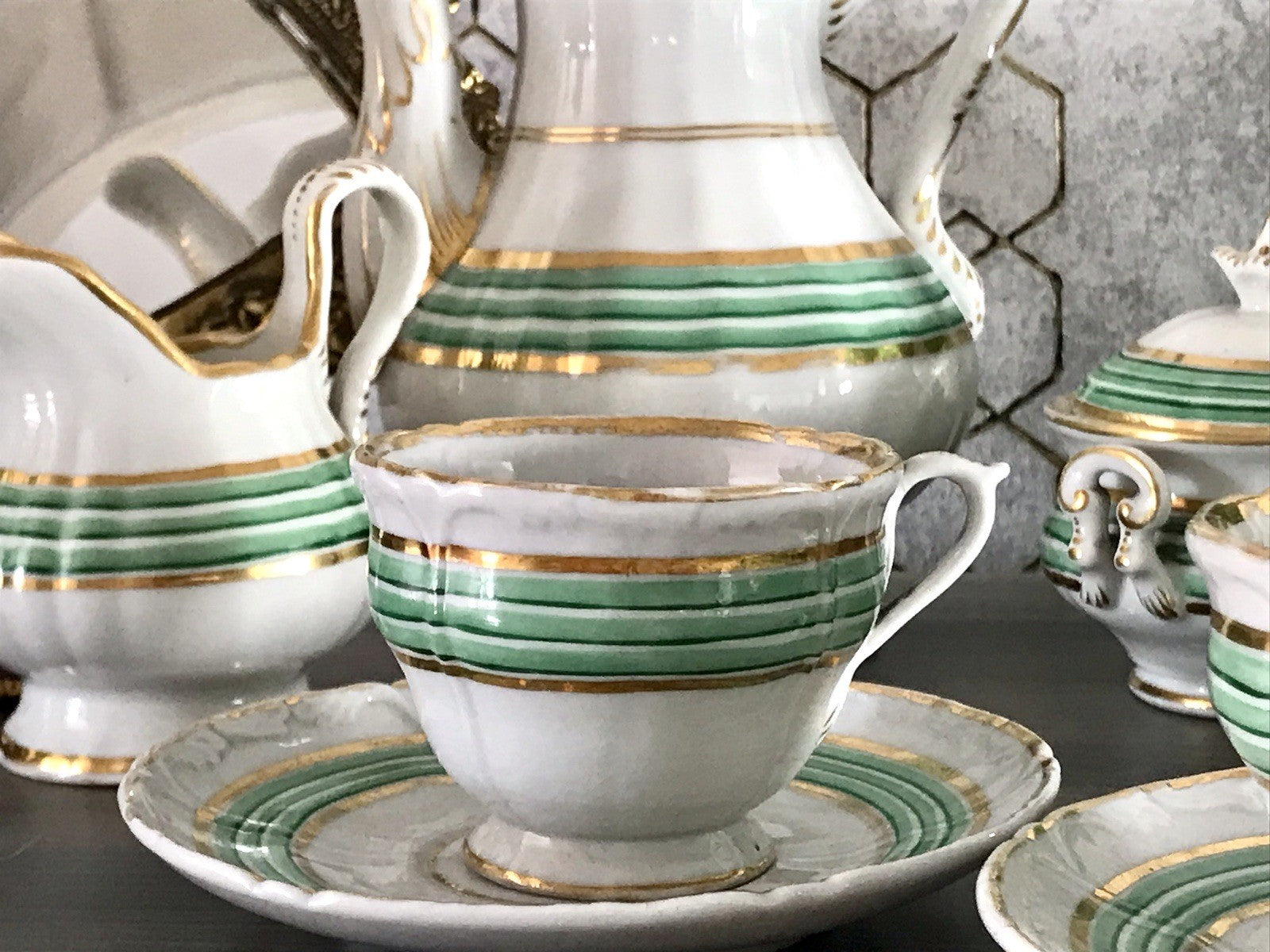Antik Historismus Porzellan Kaffeeservice Mokkaservice weiß grün Schumann Moabit