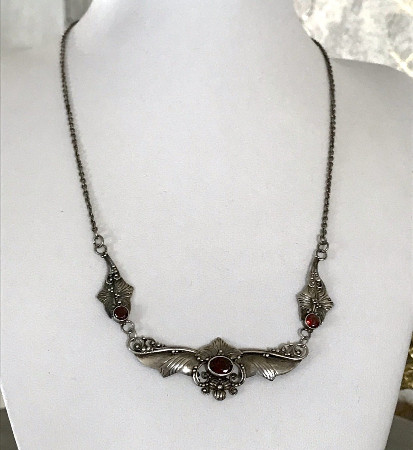 Antik 925 Sterling Silber Collier Halskette Kette rote Steine Granate?
