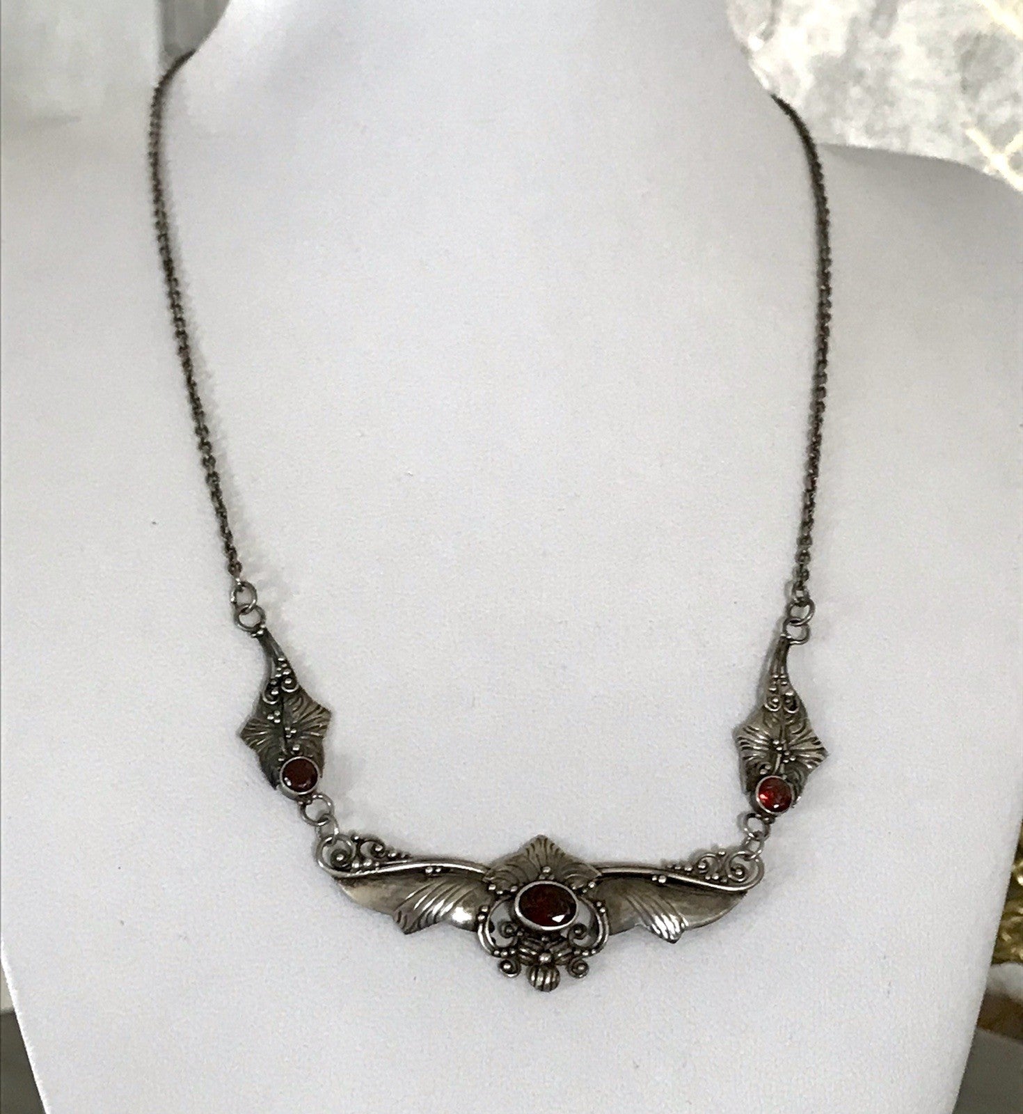 Antik 925 Sterling Silber Collier Halskette Kette rote Steine Granate?