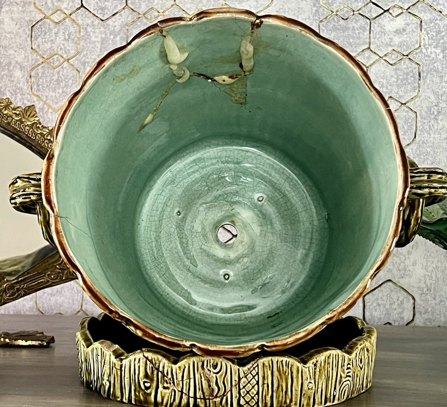 Antik Keramik Majolika Pflanzen Übertopf  & Untersetzer Efeuranken Jugendstil