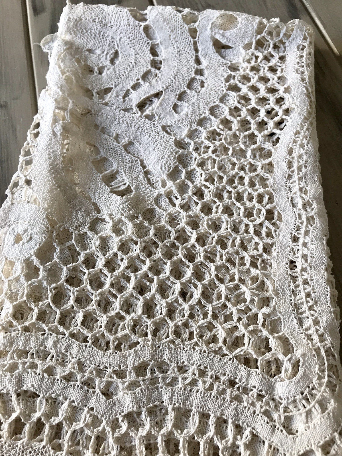 Antik Filetspitze Tischdecke beige Baumwolle Klöppel Spitze Landhaus Erscheinung