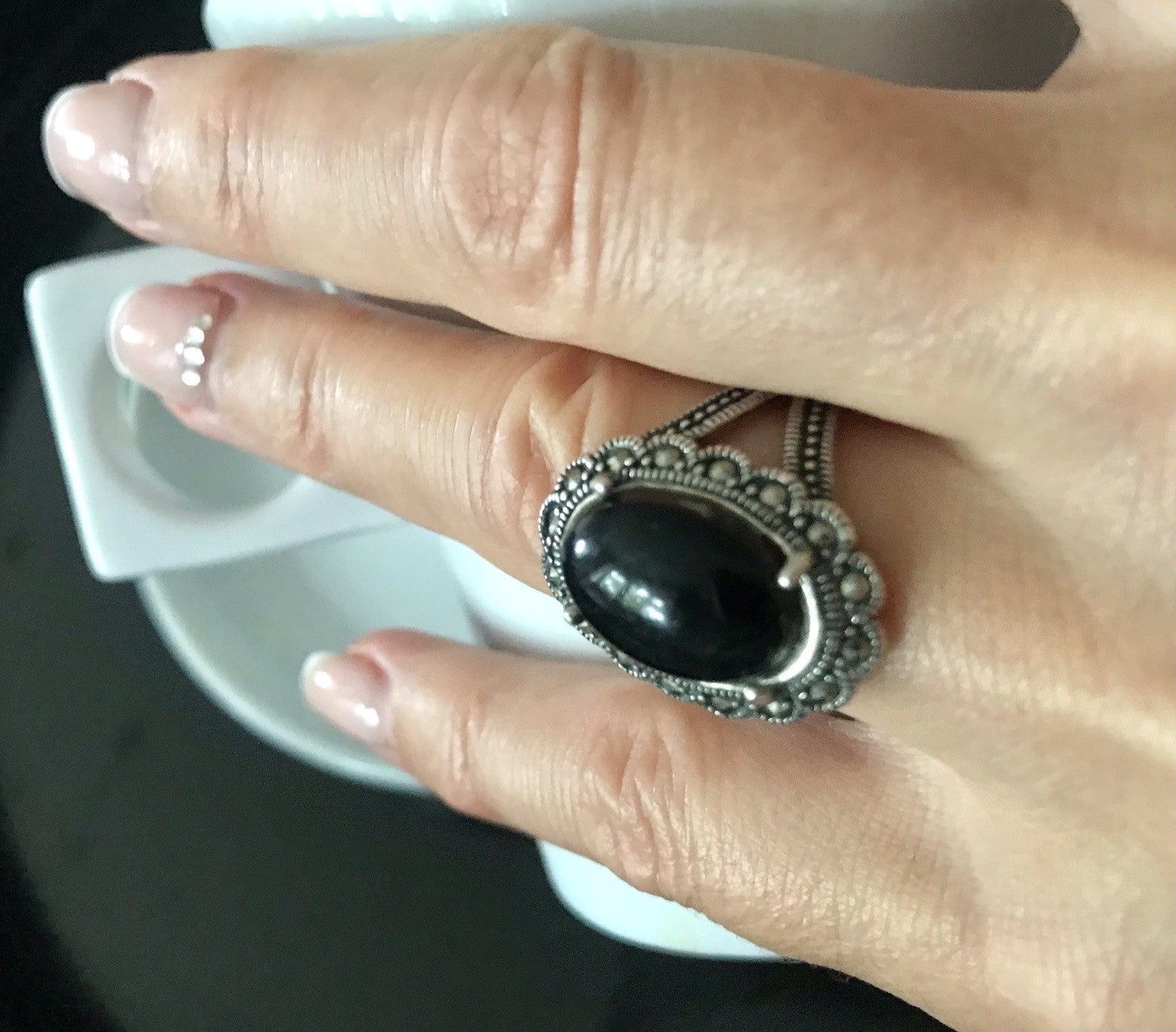 Antik? alt Art Déco Edel Onyx Markasite DAMEN RING Silber 925 Gr.57 18,1