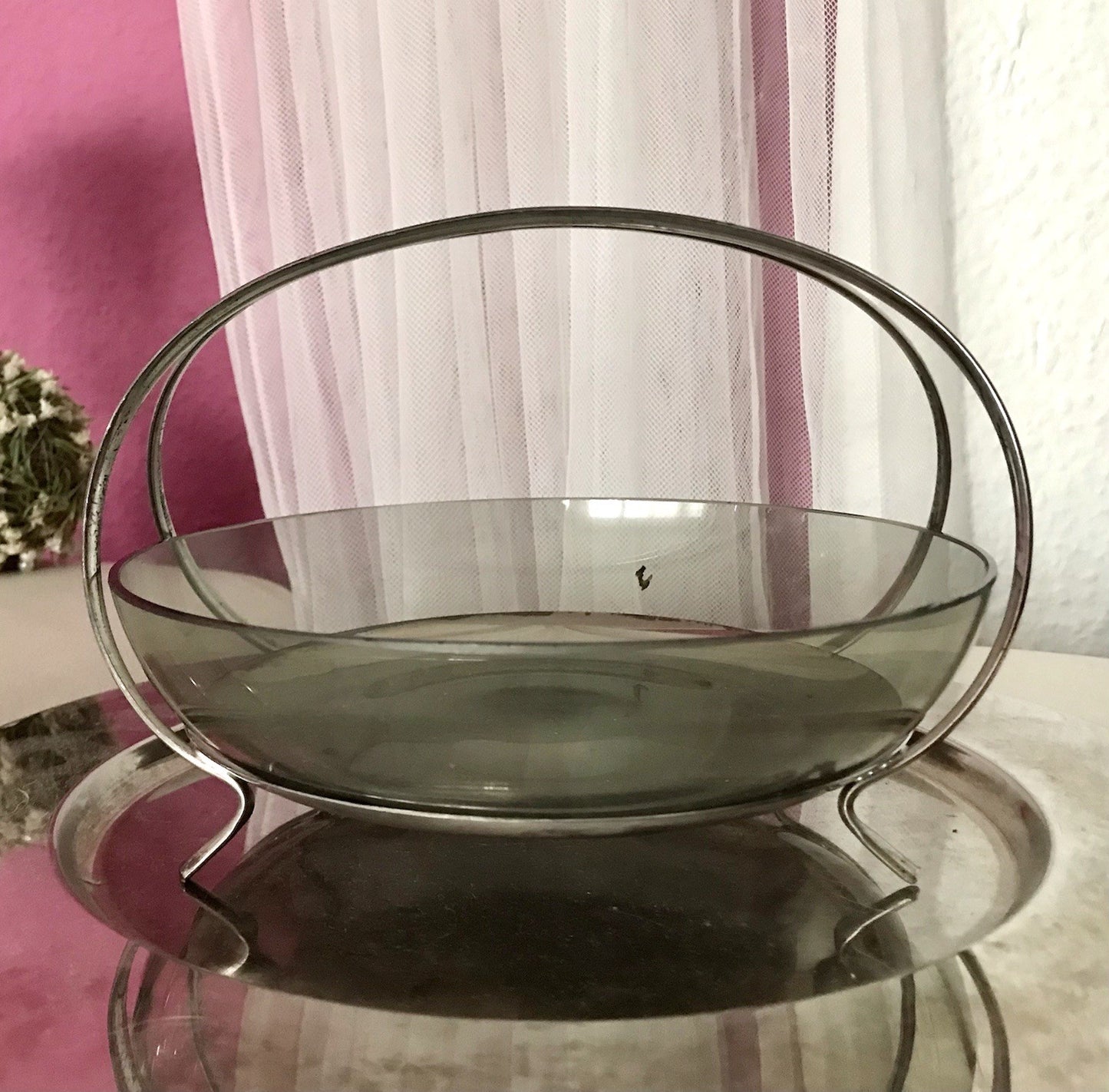 WMF ? Vintage Schale versilbert 50er 60er Mid Century Rauchglas Einsatz MCM
