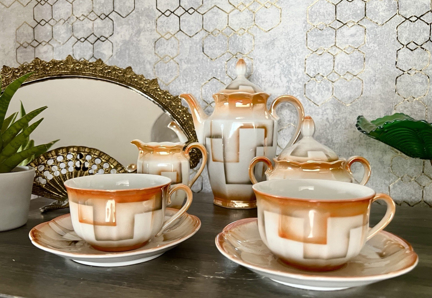 Antik Art Déco Porzellan Kaffeeservice Spritzdekor Bauhaus Teté a Téte 2 Pers.
