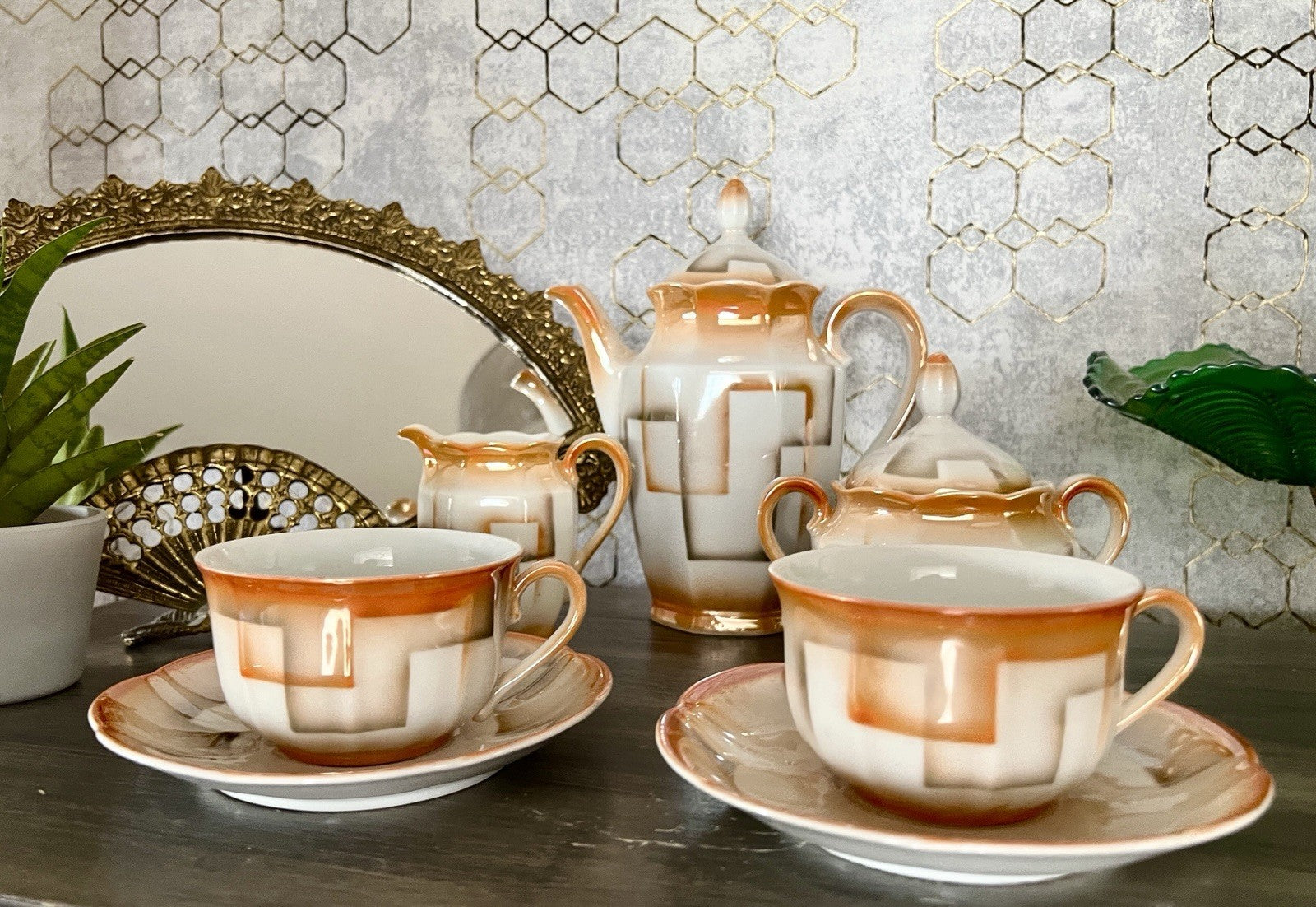 Antik Art Déco Porzellan Kaffeeservice Spritzdekor Bauhaus Teté a Téte 2 Pers.