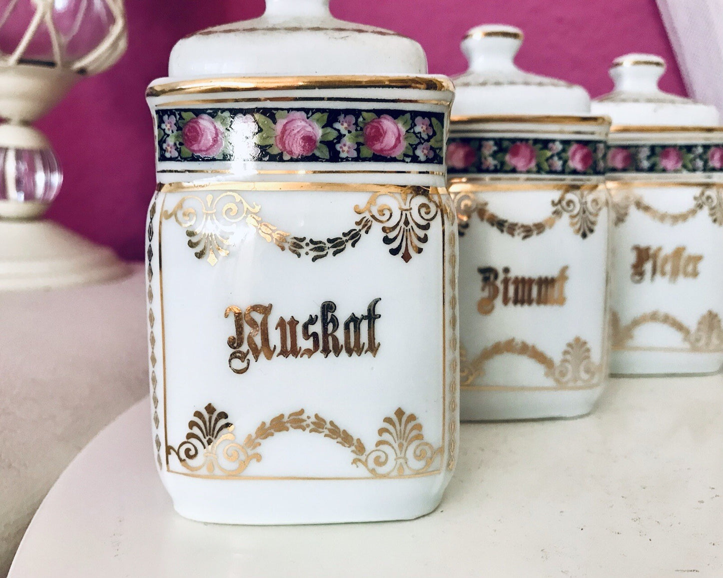 Antik 6x Porzellan Dose Vorratsdosen Gewürze Rosen Golddekor Jugendstil