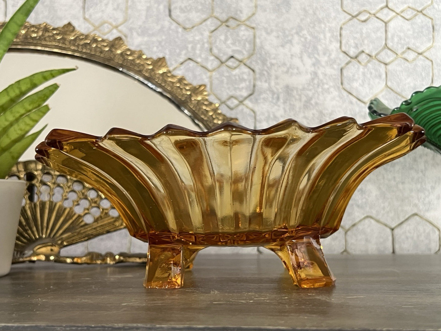 Antik Jardiniere Brockwitz Prismen Bernstein gelb Art Déco Schale Pressglas Glas