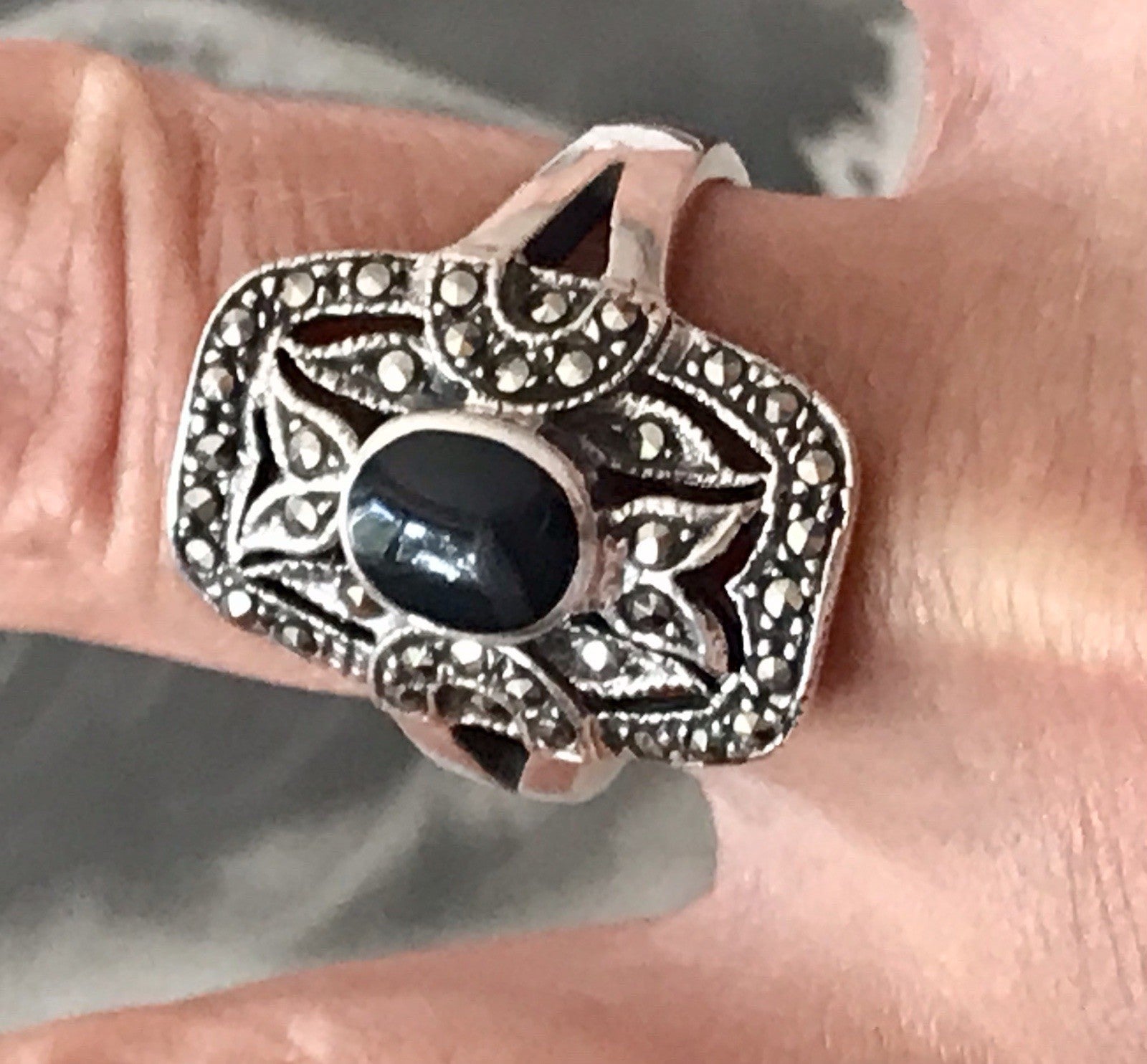 Antik Art Déco Damen Schiffchen Ring 925 Silber Gr.60 Onyx Markasite