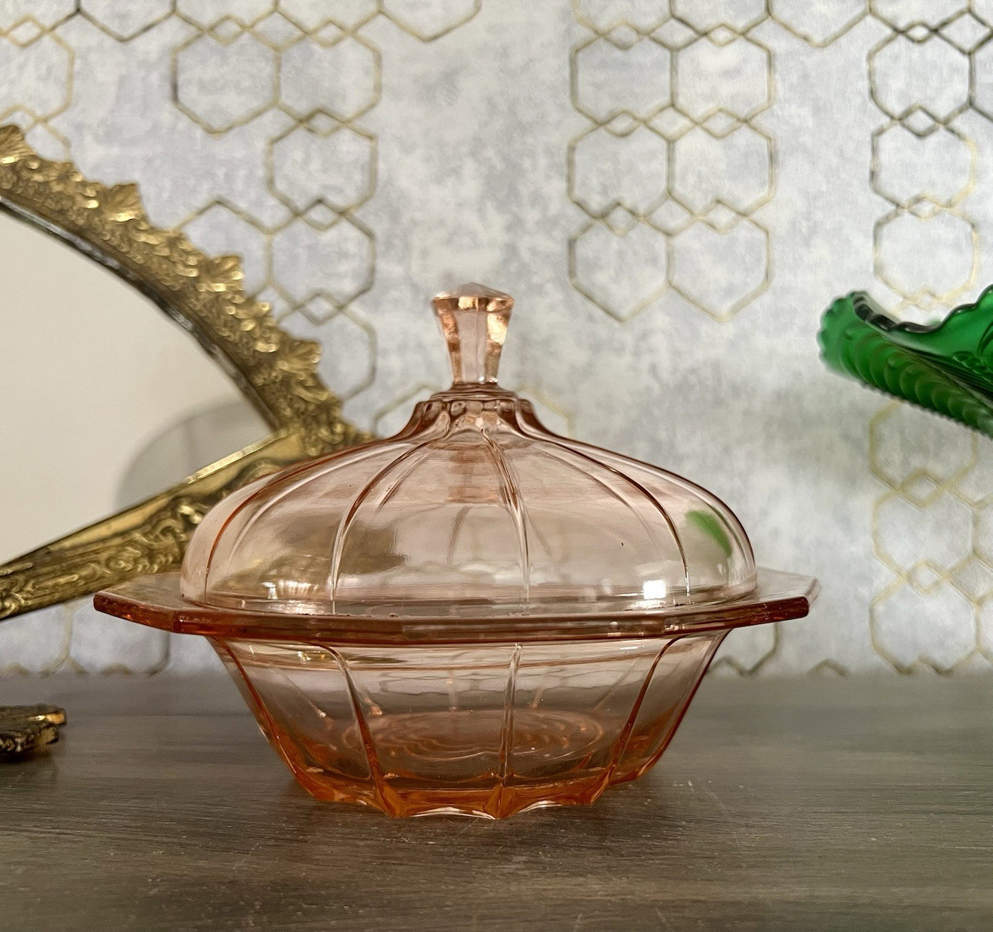 Antik Art Déco Dose Deckeldose Rosalin Rosa Pressglas