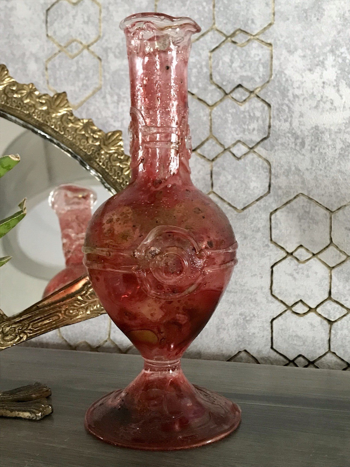 Vintage Pavel Molnār Glas Glaskunst Glasvase rot Faden Aufschmelzungen signiert