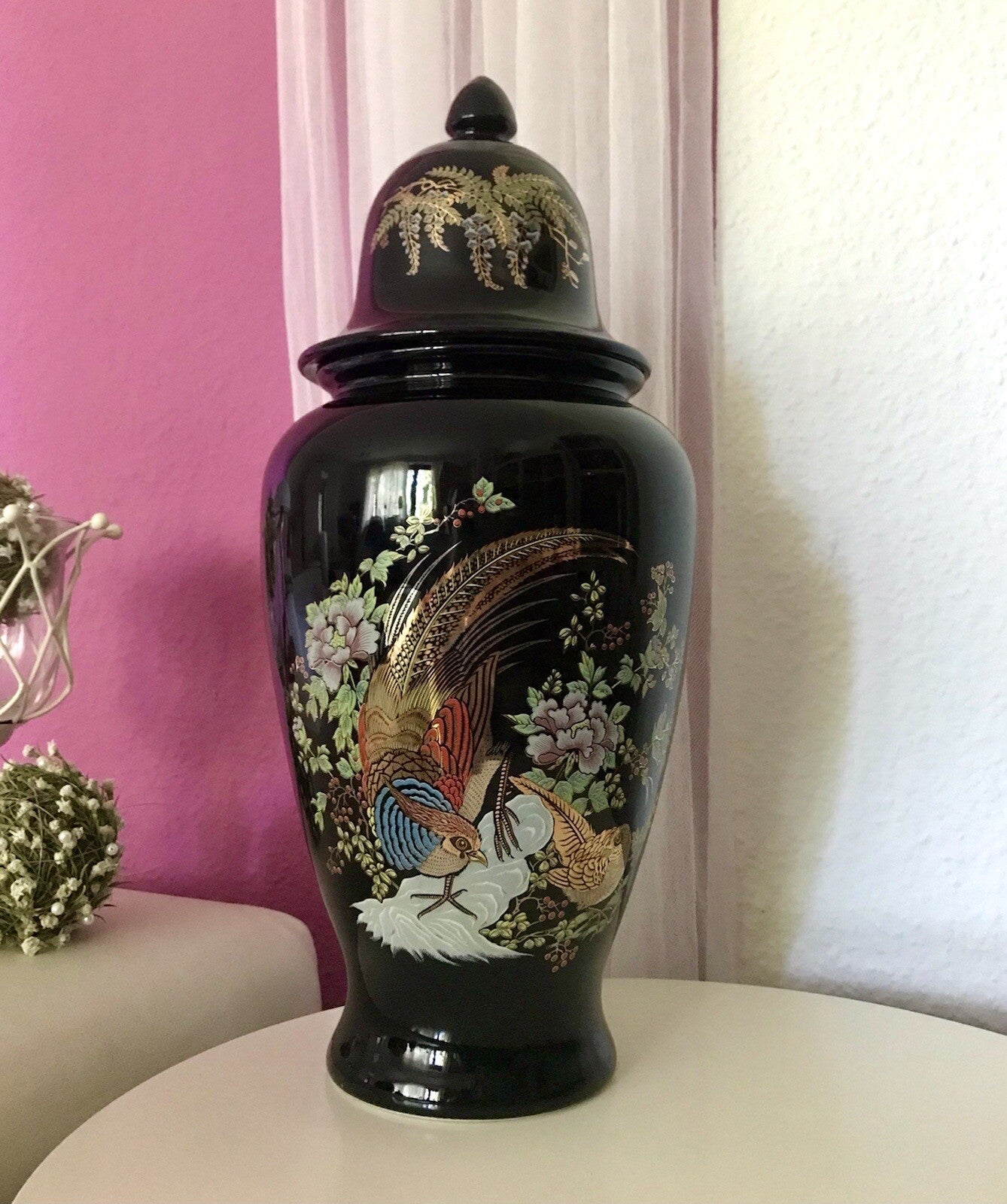 Vintage GROß 1 Porzellan Prunkvase Deckelvase Vase Italien MCM schwarz bunt