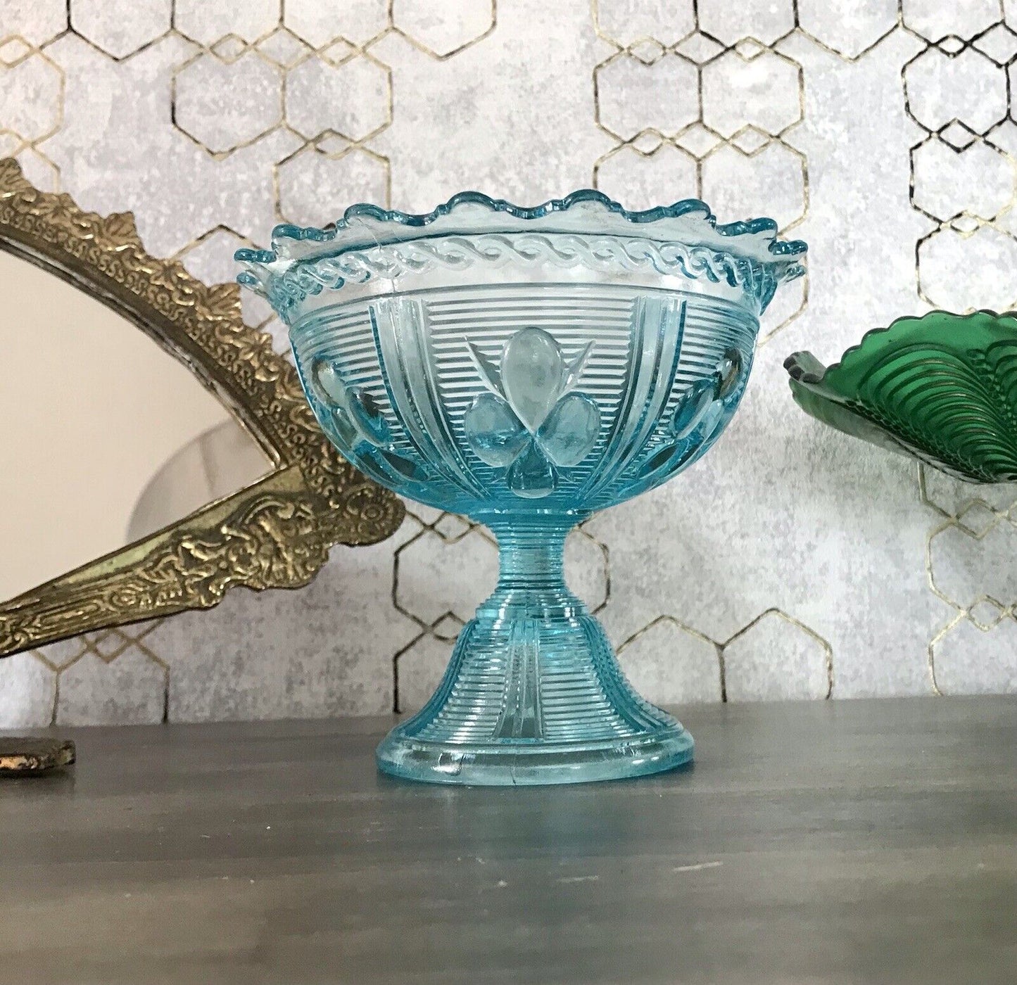 Antik Jugendstil Art Déco Pressglas Schale Fußschale Zuckerschale blau türkis