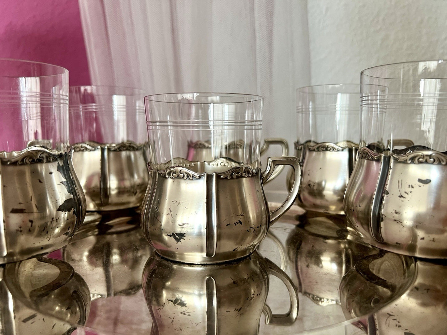 Antik WMF 6 Teeglashalter &6 Glaseinsätze Versilbert Art Déco  3x Straußenmarke