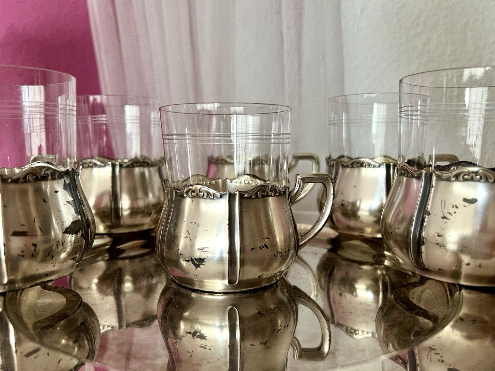 Antik WMF 6 Teeglashalter &6 Glaseinsätze Versilbert Art Déco  3x Straußenmarke