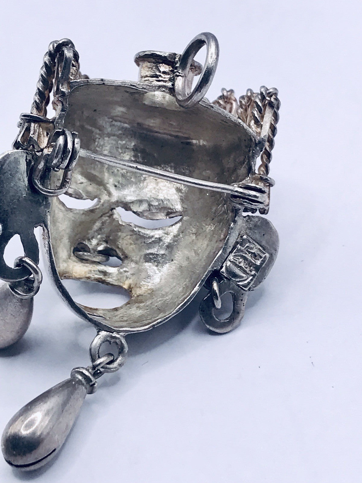 Vintage Azteken Kopf Ethno Maya 2in1 Anhänger Kettenanhänger Brosche 925 Silber