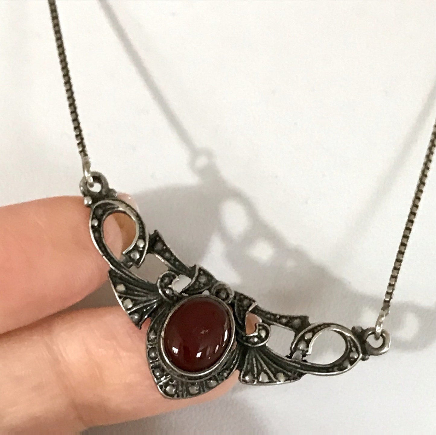 Antik Jugendstil Art Déco 925 Silber Collier Halskette Karneol Granulierungen