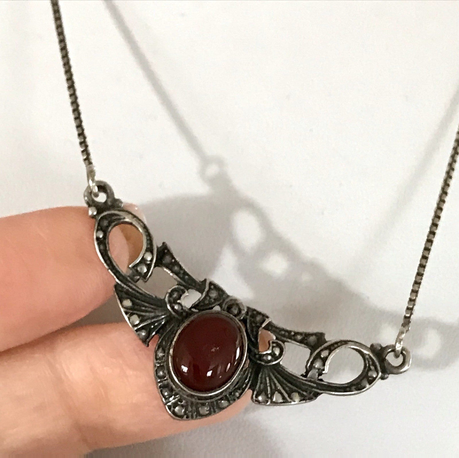 Antik Jugendstil Art Déco 925 Silber Collier Halskette Karneol Granulierungen