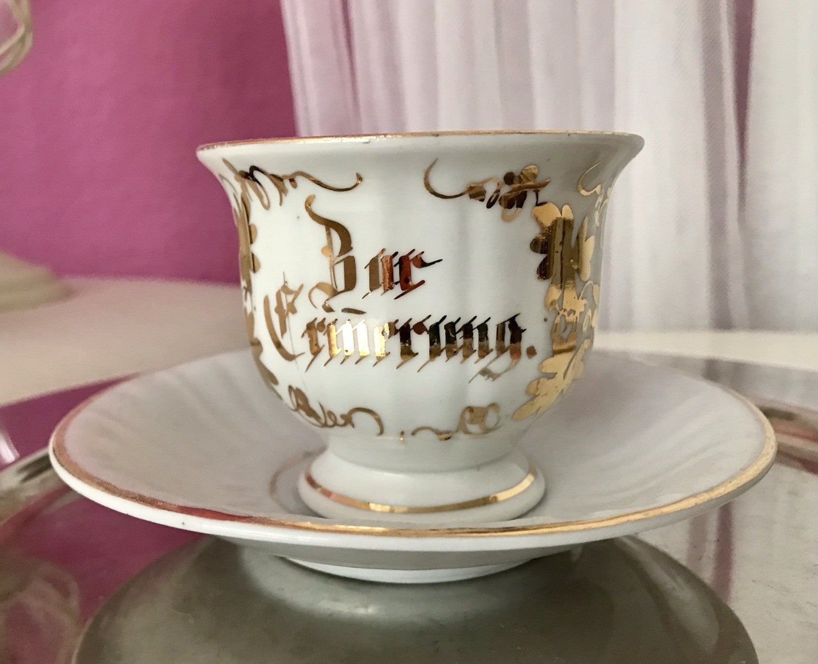 Antik Porzellan Andenken Becher Gedeck Sammeltasse Tasse „Zur Erinnerung“