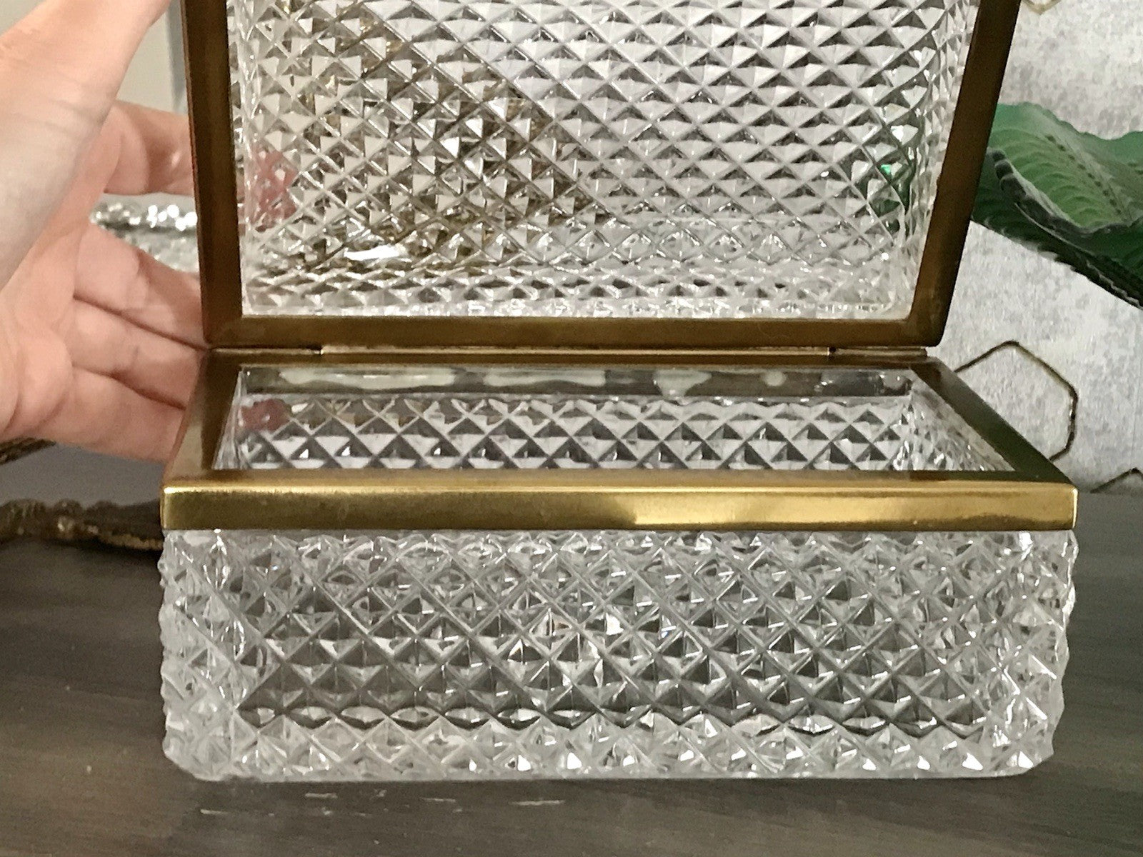 Antik Art Dèco Vintage EDEL Schatulle Deckeldose Bleikristall groß Messingrahmen