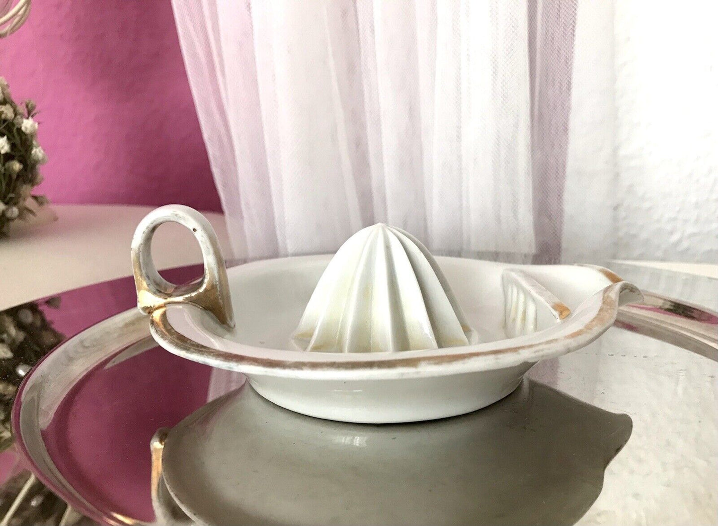 Antik Jugendstil Art Déco Porzellan Zitronenpresse weiß Goldrand