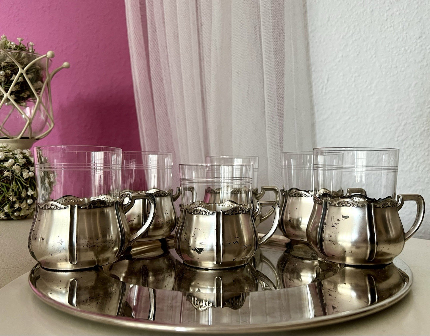 Antik WMF 6 Teeglashalter &6 Glaseinsätze Versilbert Art Déco  3x Straußenmarke