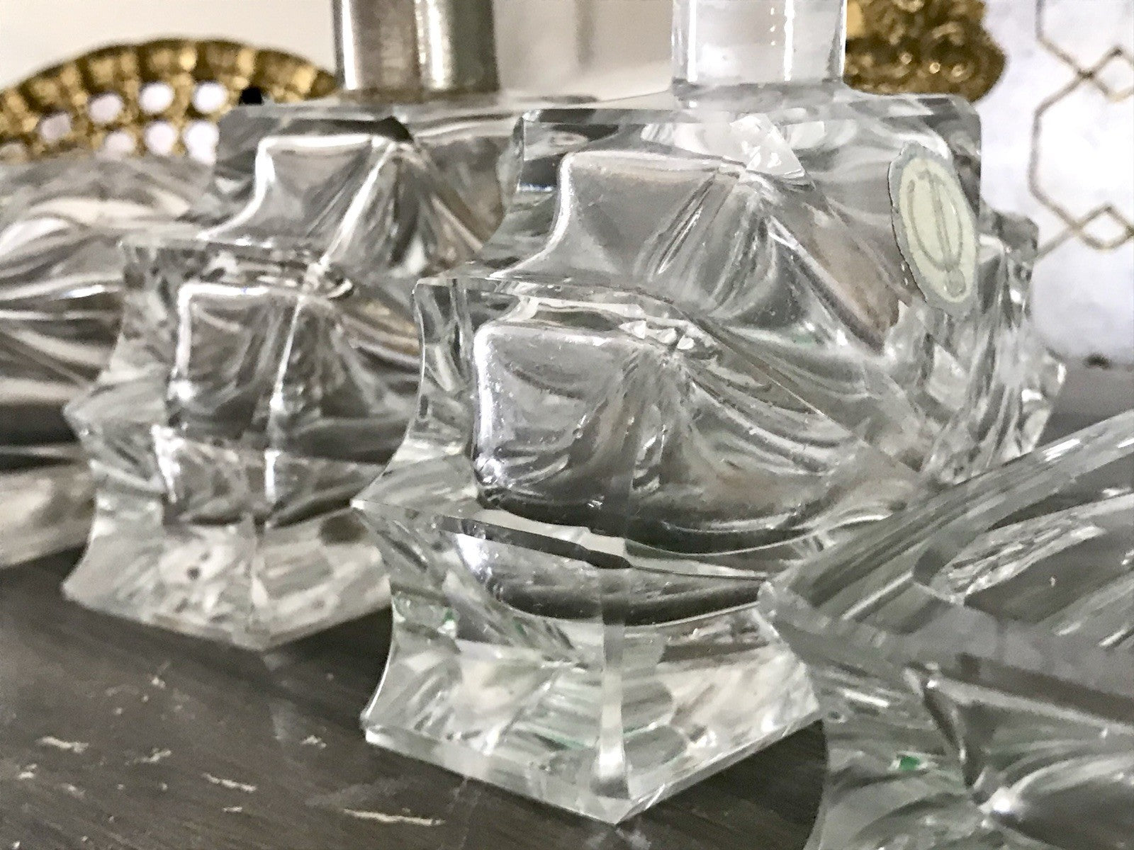 EDEL Art Déco antik 4Teile Kristallglas Frisiertisch  Garnitur Dose Flacon