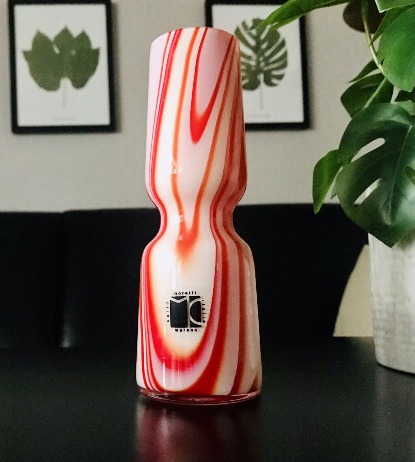 Carlo Moretti Vintage  Vase Murano Glasvase rot weiß