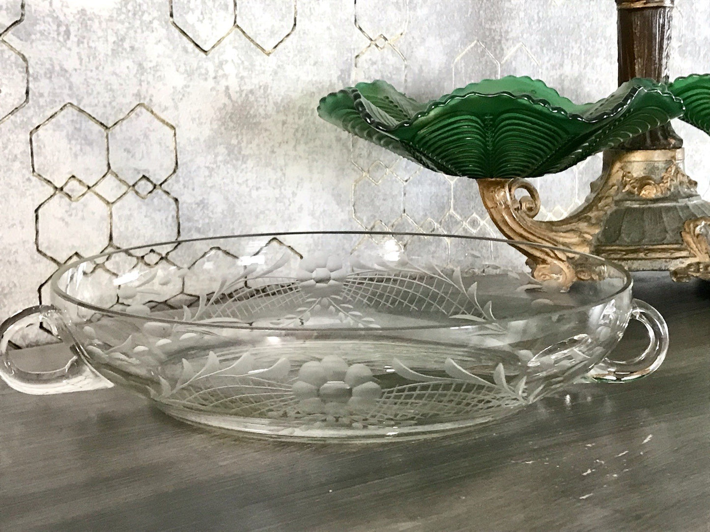 Antik EDEL Art Déco Schale Glasschale mundgeblasen geschliffen mit Henkeln