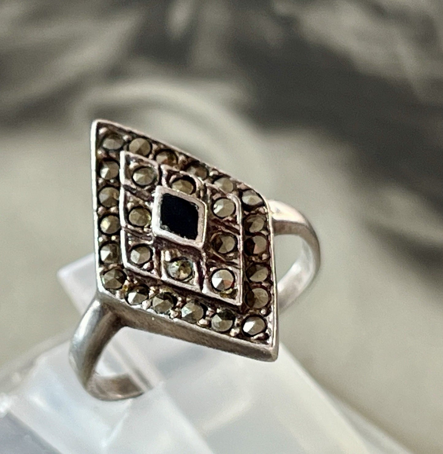 Antik Art Déco Edel Onyx Markasite DAMEN RING Silber 925 Gr.55