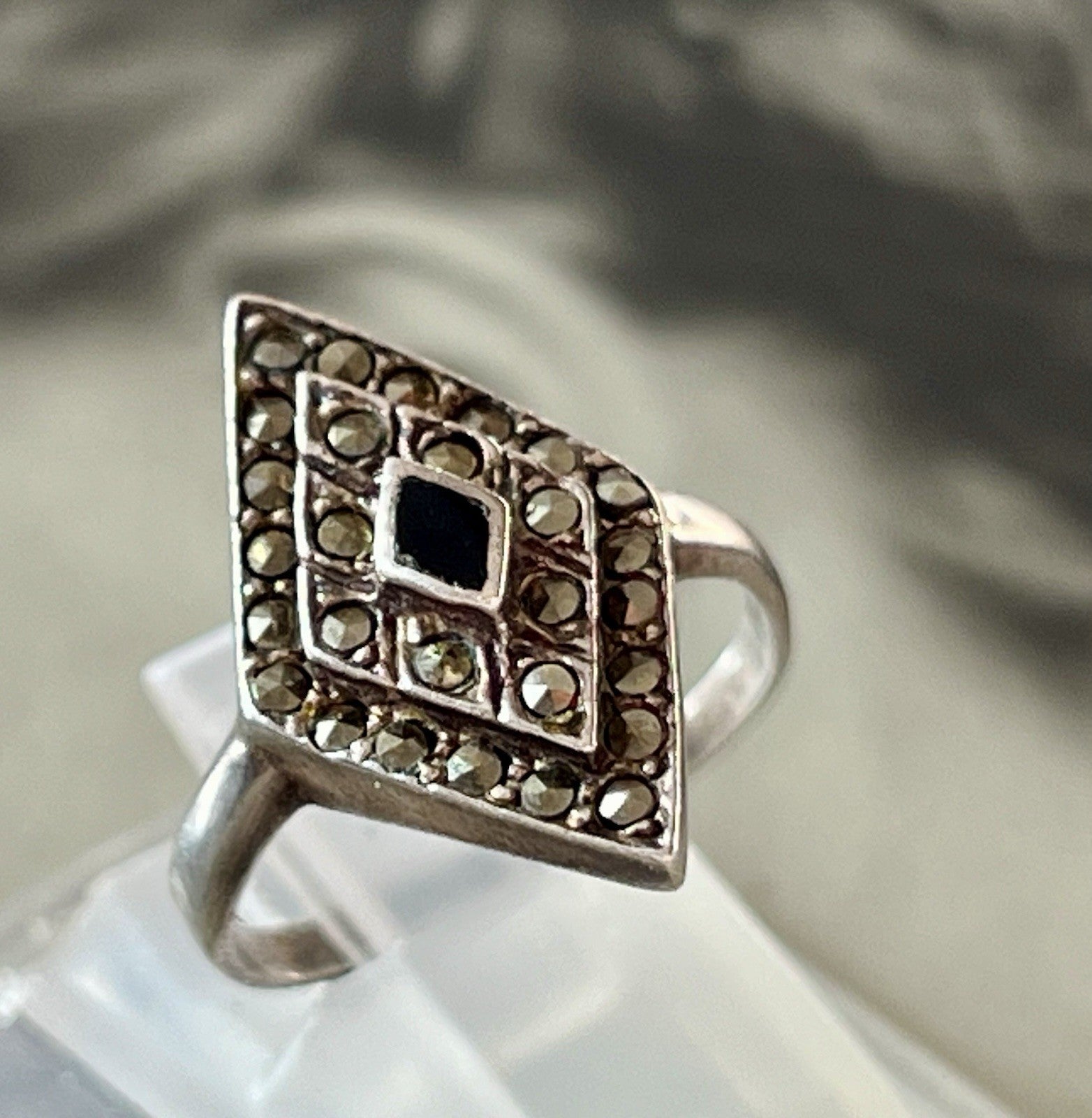 Antik Art Déco Edel Onyx Markasite DAMEN RING Silber 925 Gr.55