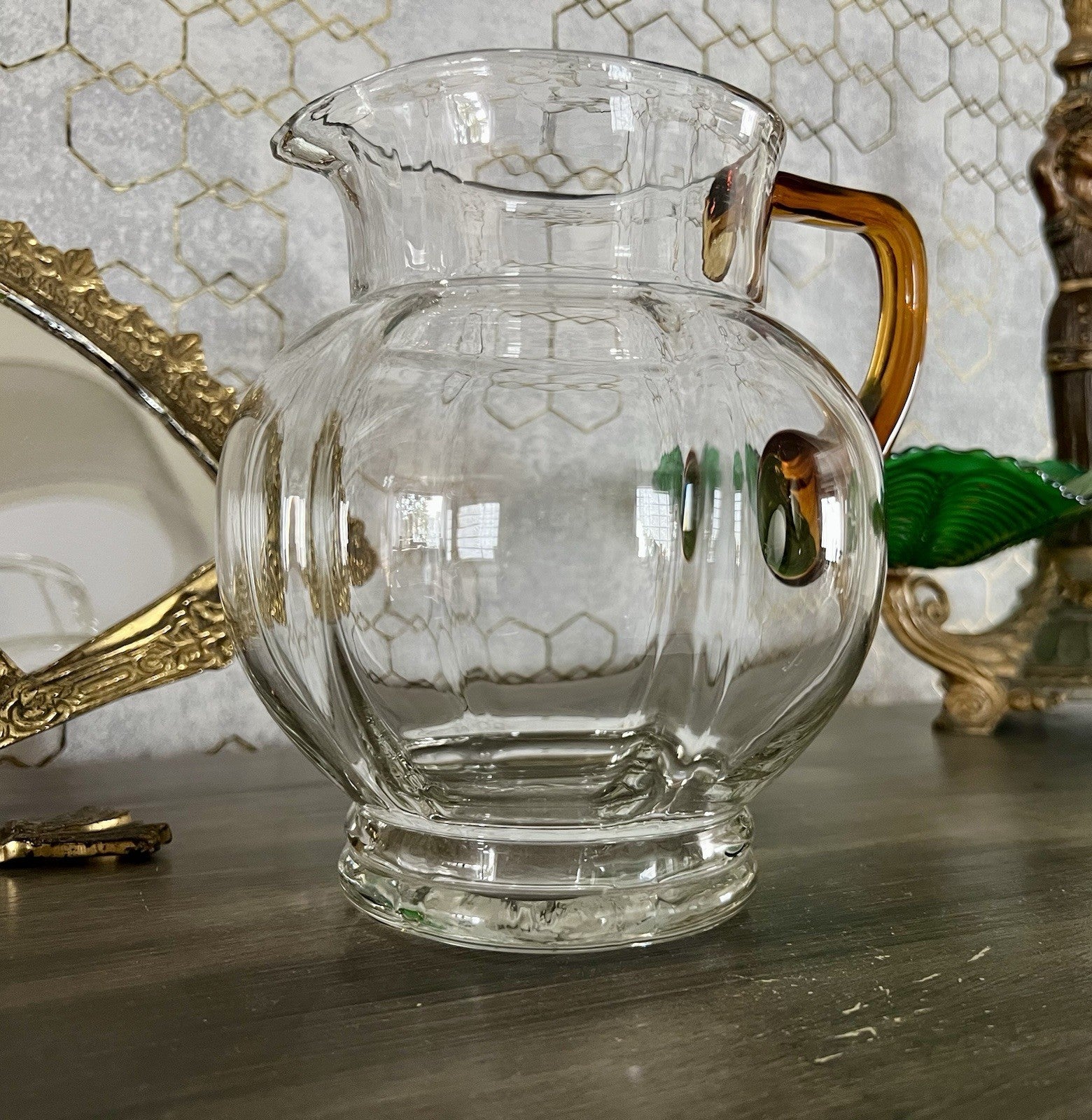 Antik Art Déco Kanne Krug Glaskrug Karaffe Glas mundgeblasen Farblos & gelb