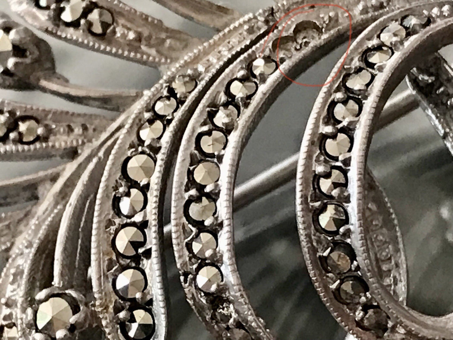 Antik Art Déco Edel prachtvoll Brosche Silber 835 Markasite