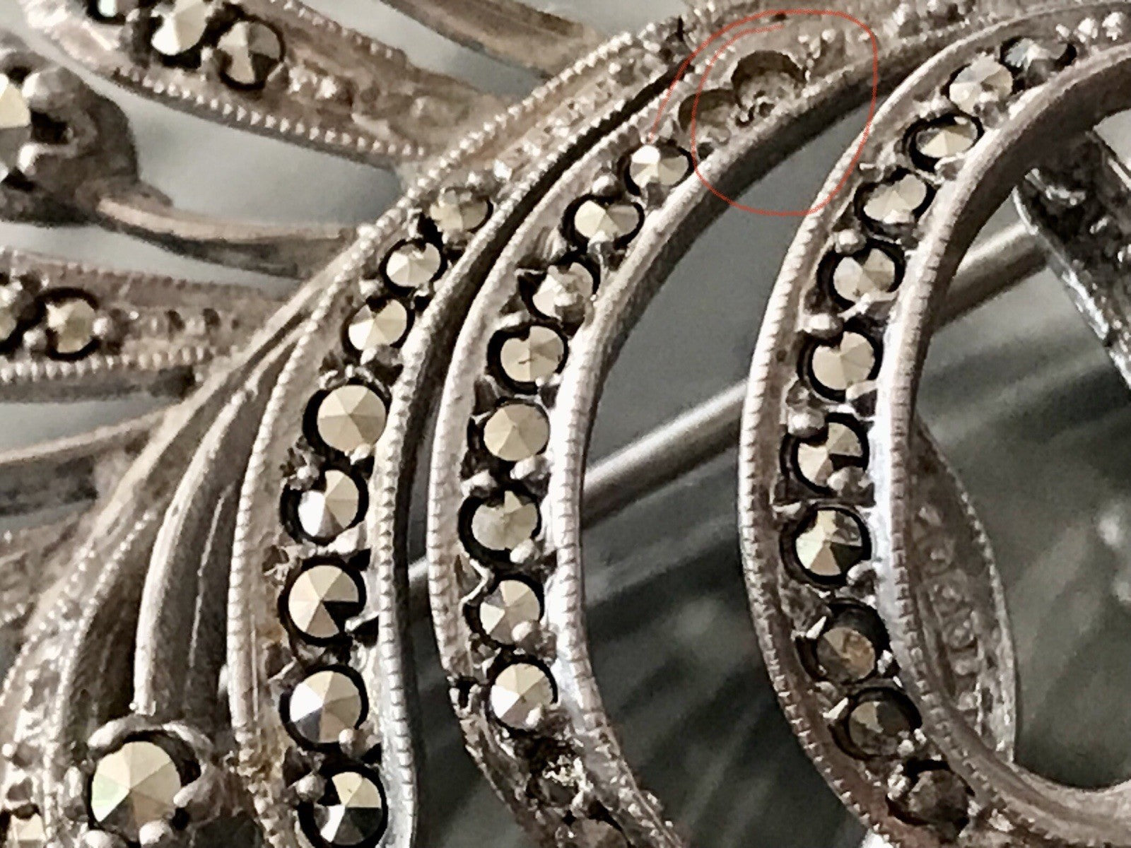 Antik Art Déco Edel prachtvoll Brosche Silber 835 Markasite