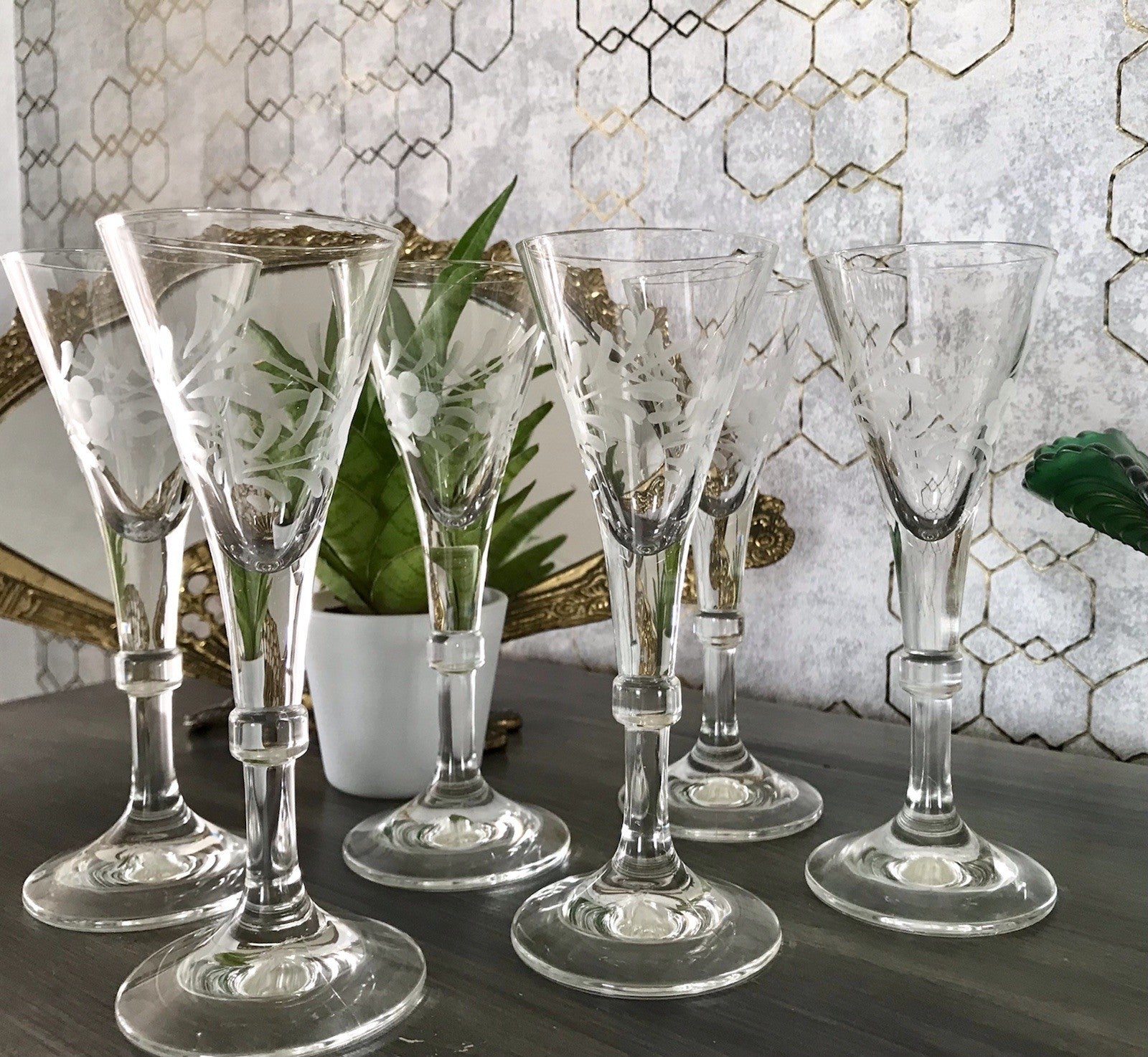 Antik Alt 6 Cherrygläser Gläser Kristallglas graviert