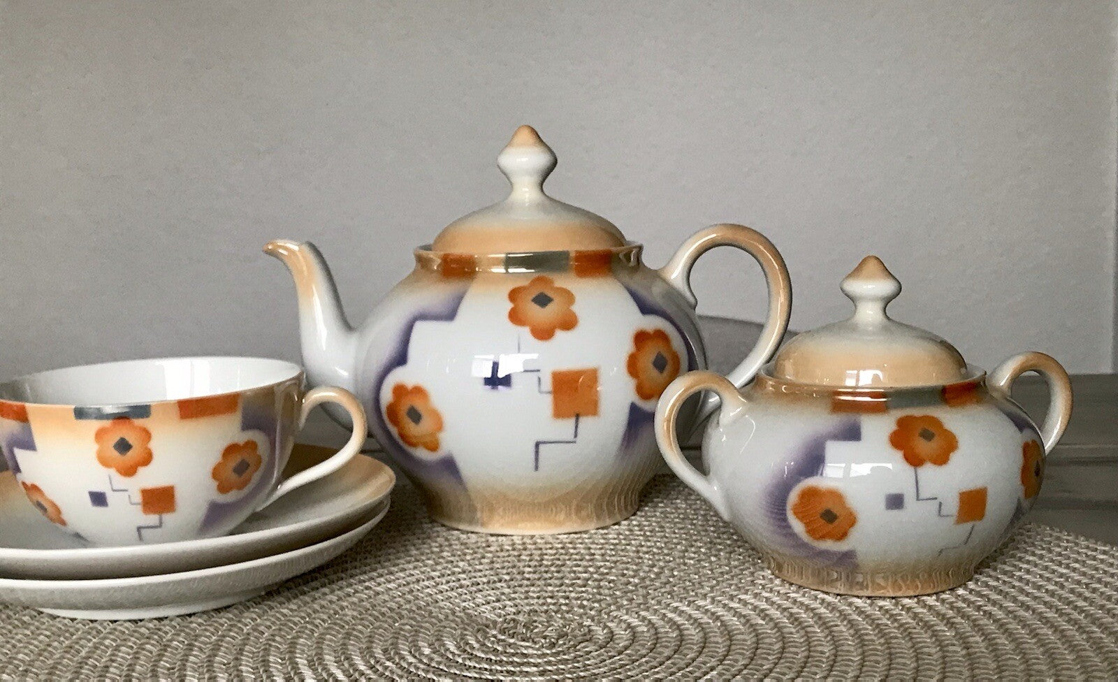 Antik Art Déco Porzellan Kaffeeservice Spritzdekor Moccaservice