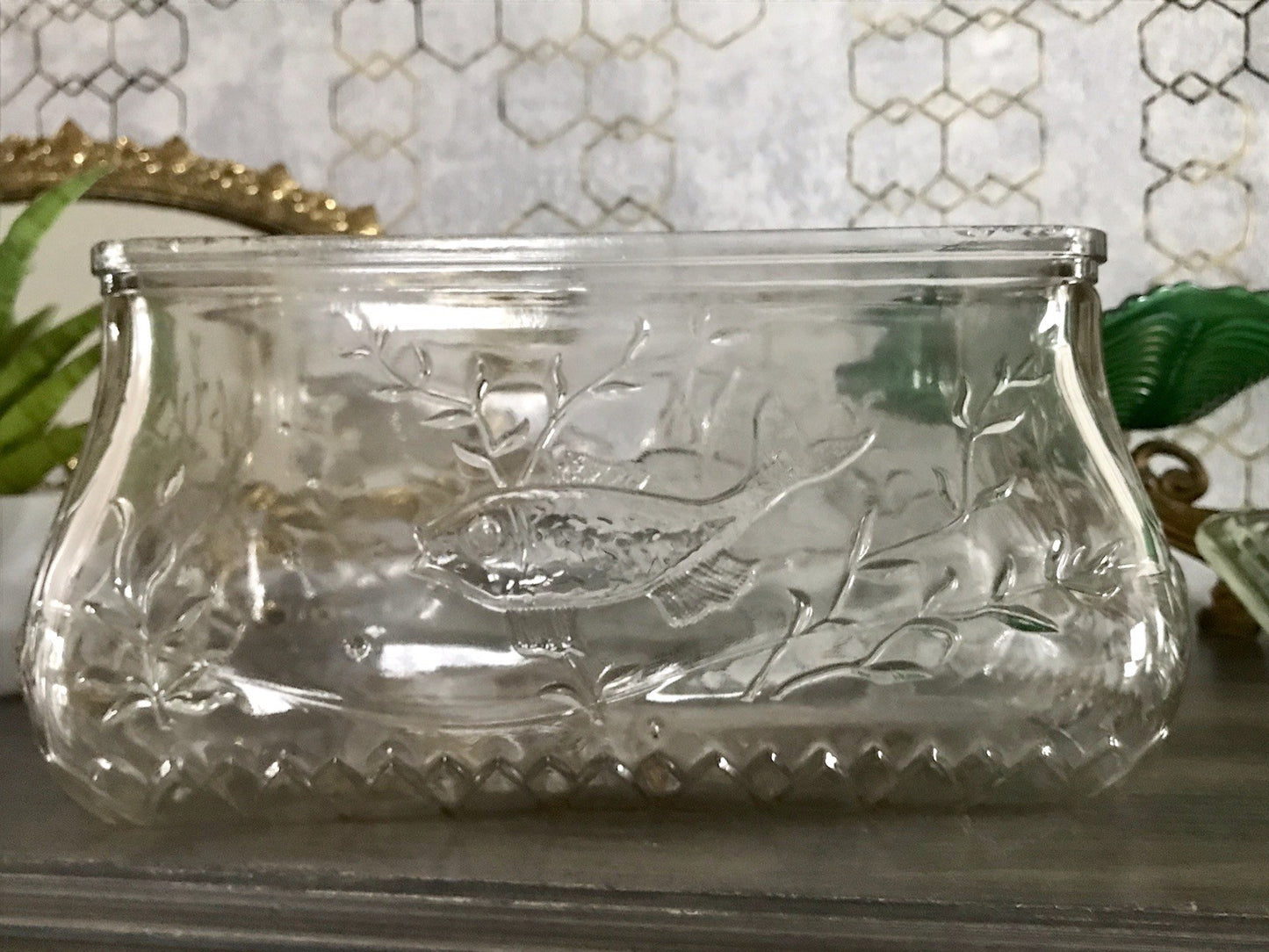 Antik Art Déco Deckeldose Dose Glasdose Pressglas Haribo Lakritze Fischmuster