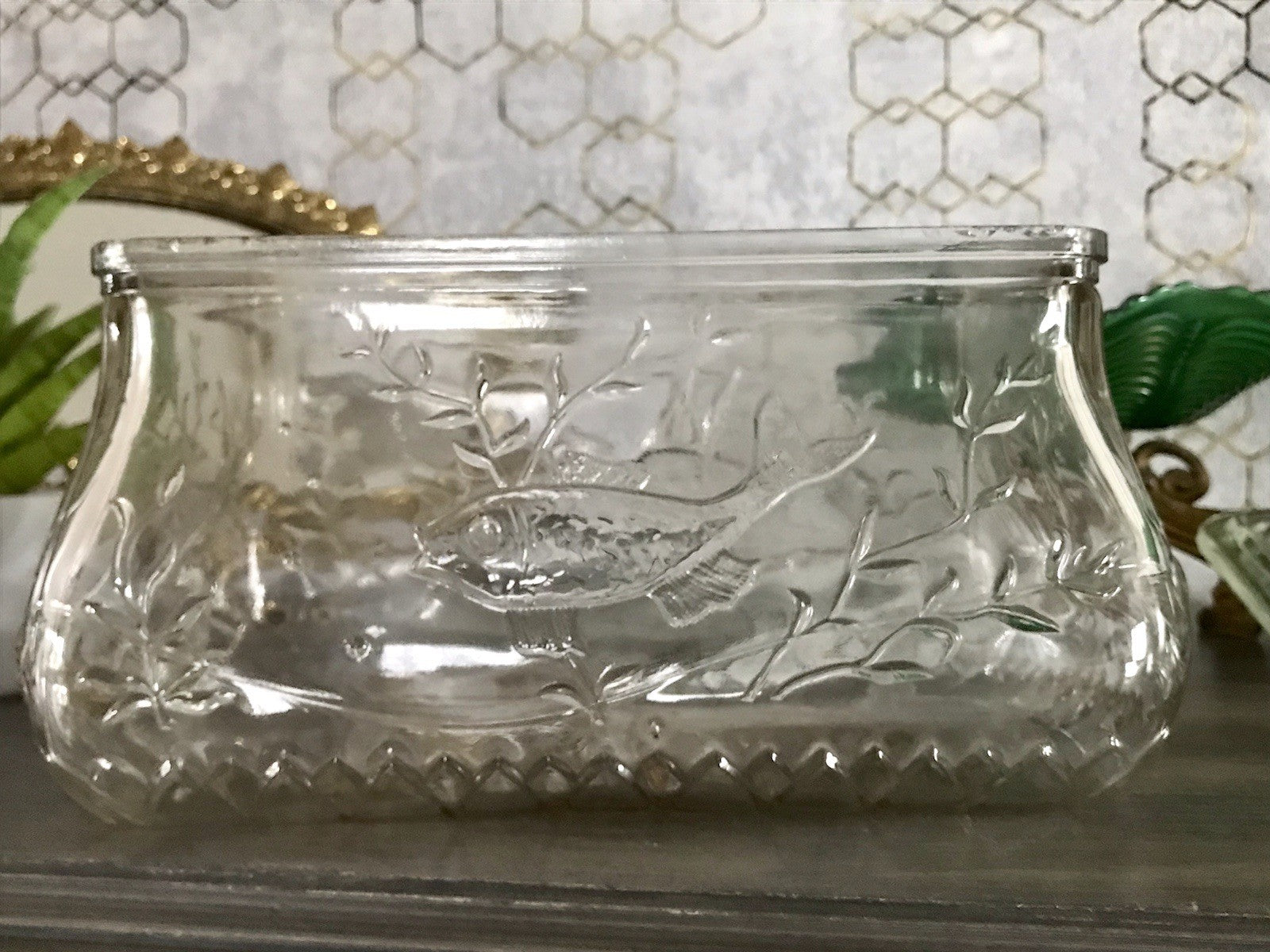 Antik Art Déco Deckeldose Dose Glasdose Pressglas Haribo Lakritze Fischmuster