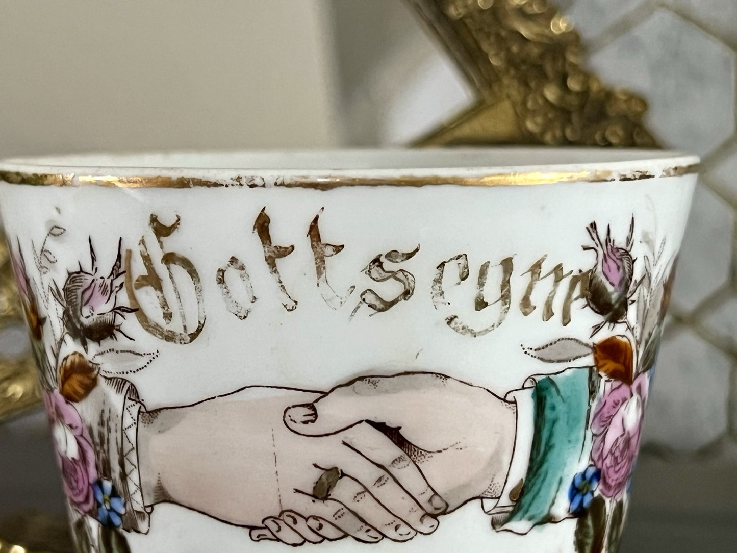 Antik Porzellan Andenken Becher Sammeltasse Tasse Gott segne dieses Bund