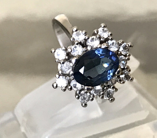 Vintage Entourage Halo Ring farblose Steine & Saphir Silber 925  ~Gr.52